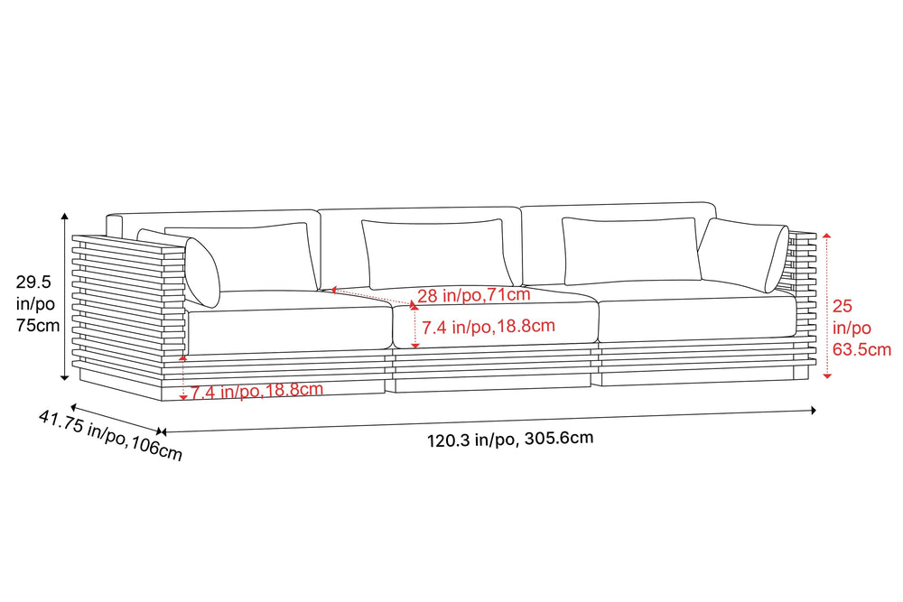 Valencia Elise Fabric Sectional Outdoor Three Seats Sofa, Black Size diagram