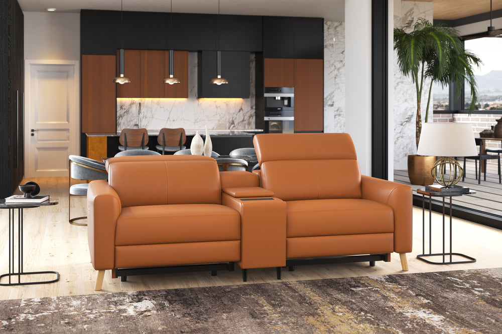 Valencia Elodie Top Grain Leather Loveseat with Console Sofa, Cognac