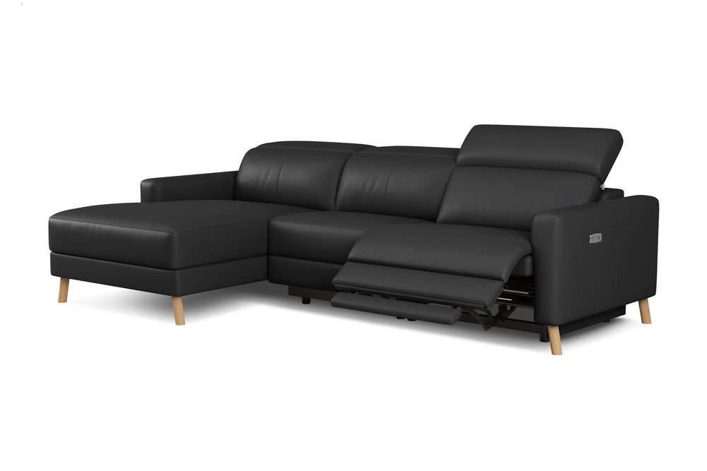 Valencia Elodie Top Grain Leather Sectional Sofa, Three Seats with Left Chaise, Black