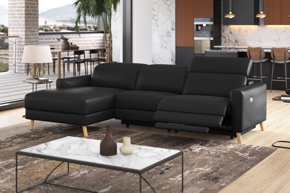 Valencia Elodie Top Grain Leather Sectional Sofa, Three Seats with Left Chaise, Black