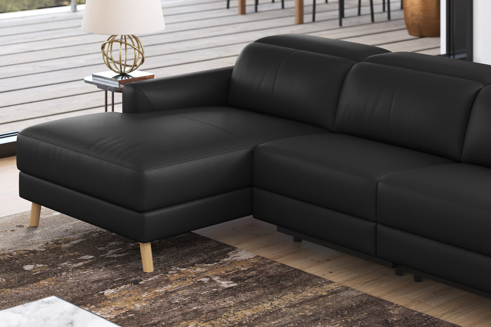 Valencia Elodie Top Grain Leather Sectional Sofa, Three Seats with Left Chaise, Black