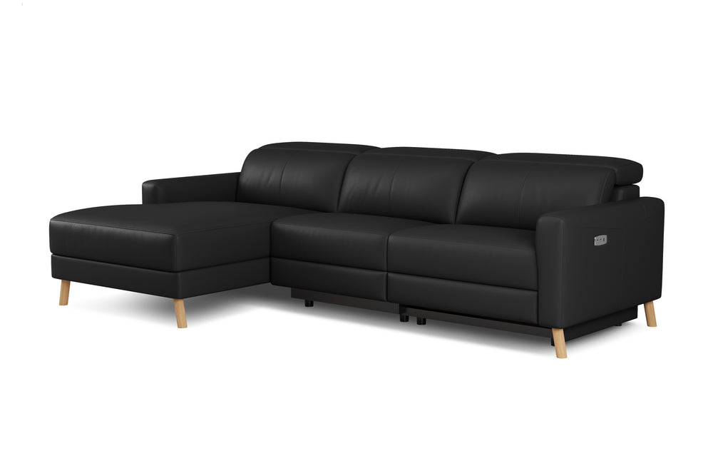 Valencia Elodie Top Grain Leather Sectional Sofa, Three Seats with Left Chaise, Black