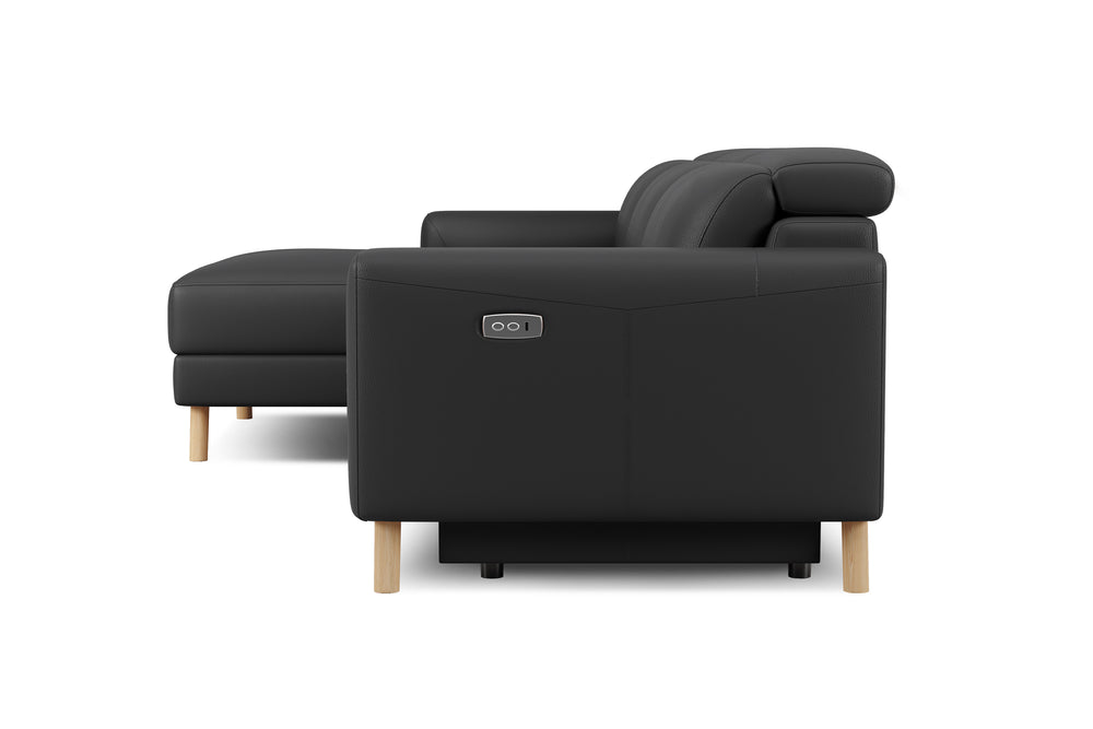 Valencia Elodie Top Grain Leather Sectional Sofa, Three Seats with Left Chaise, Black