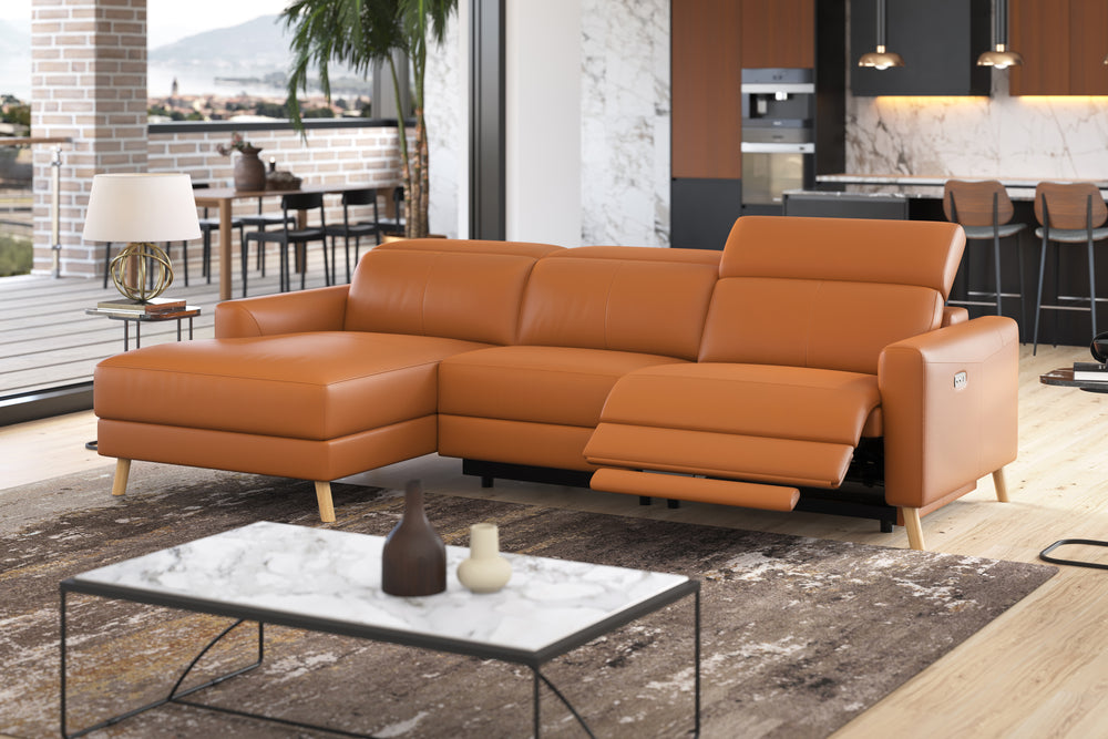 Valencia Elodie Top Grain Leather Sectional Sofa, Three Seats with Left Chaise, Cognac