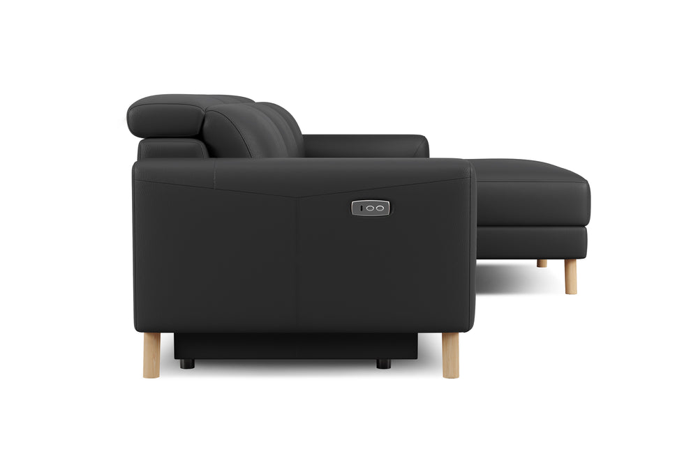 Valencia Elodie Top Grain Leather Sectional Sofa, Three Seats with Right Chaise, Black