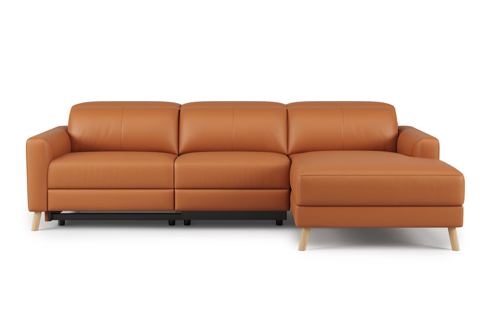 Valencia Elodie Top Grain Leather Sectional Sofa, Three Seats with Right Chaise, Cognac