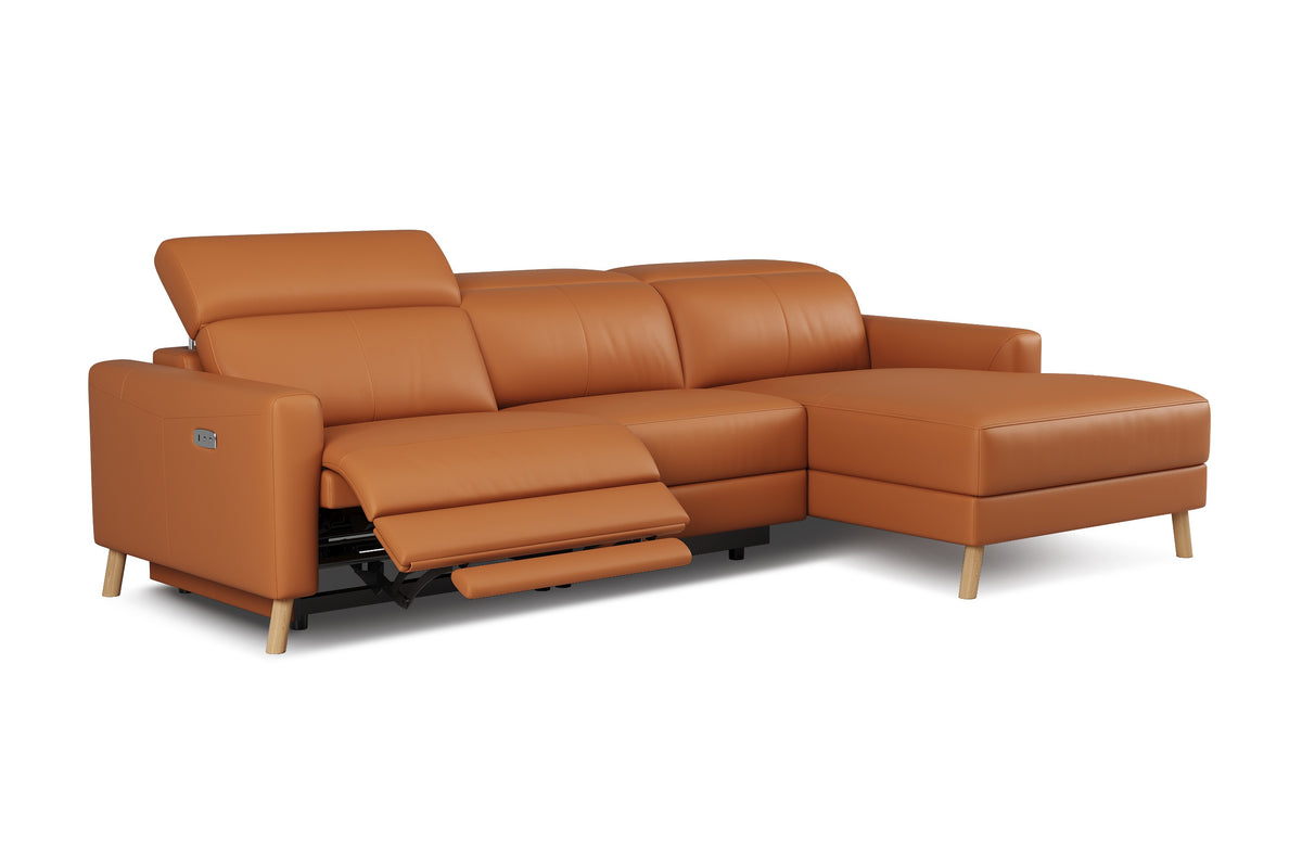 Valencia Elodie Top Grain Leather Sectional Sofa, Three Seats with Right Chaise, Cognac