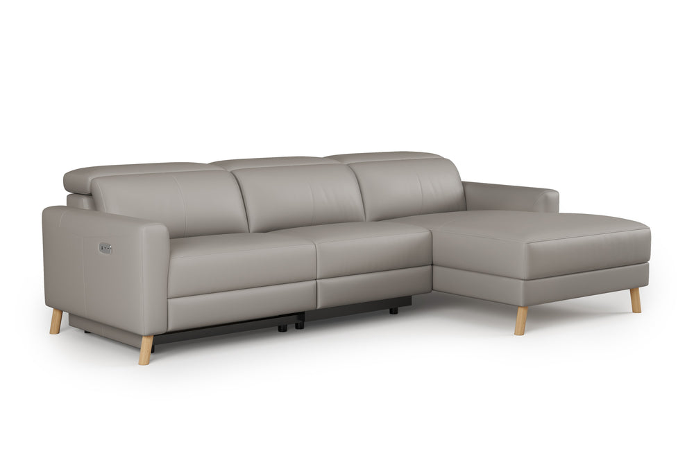 Valencia Elodie Top Grain Leather Sectional Sofa, Three Seats with Right Chaise, Light Grey