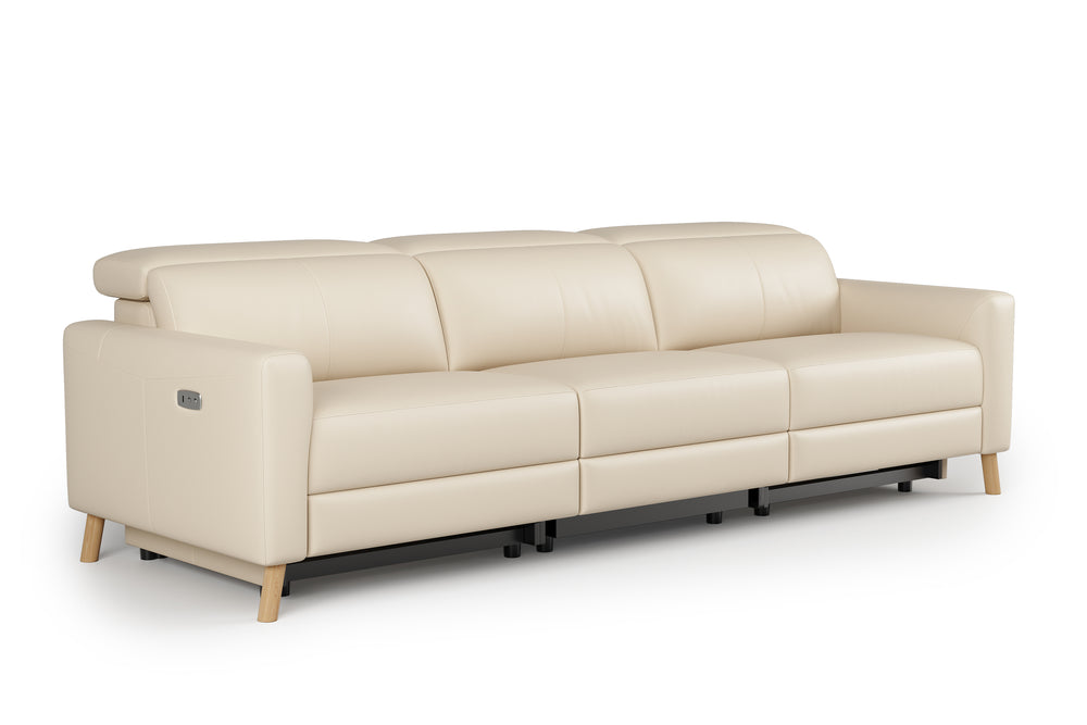 Valencia Elodie Top Grain Leather Three Seats with Double Recliners Sofa, Beige