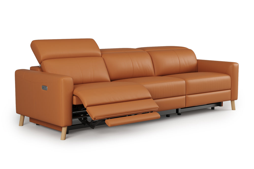 Valencia Elodie Top Grain Leather Three Seats with Double Recliners Sofa, Cognac