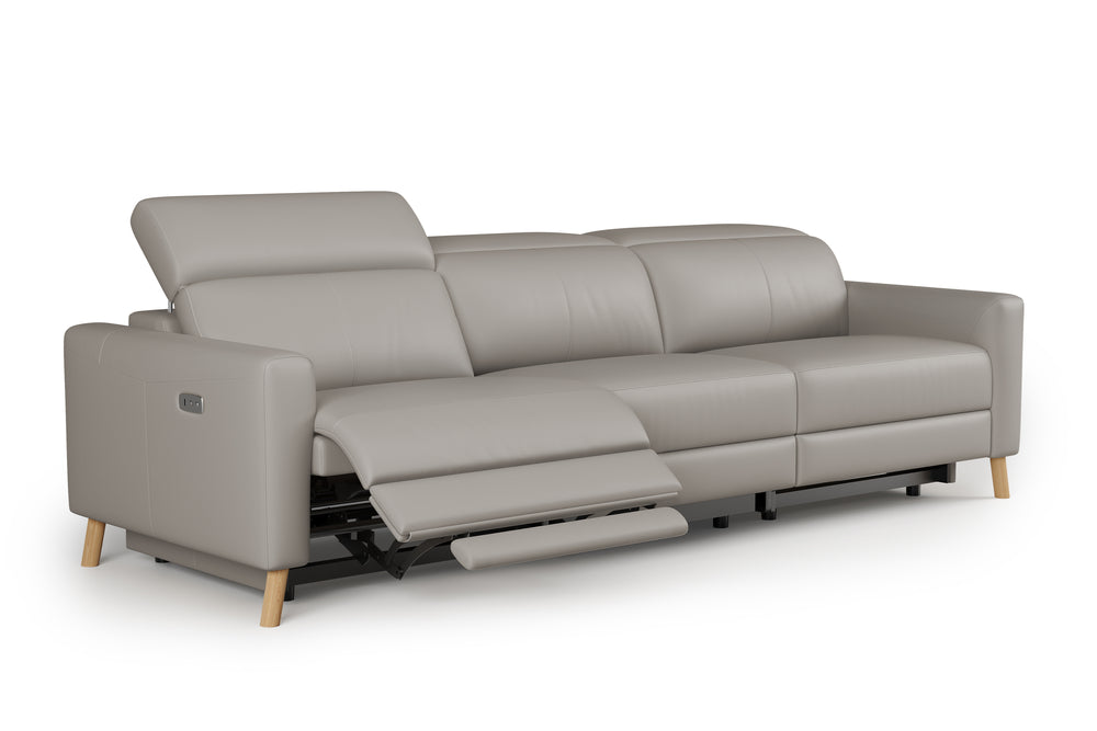 Valencia Elodie Top Grain Leather Three Seats with Double Recliners Sofa, Light Grey