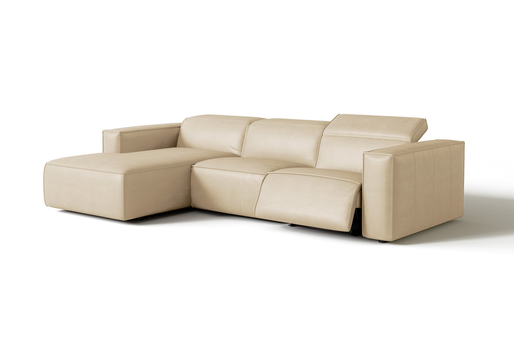 Valencia Emery Leather Sectional Sofa, Recliner Three Seats with Left Chaise, Beige