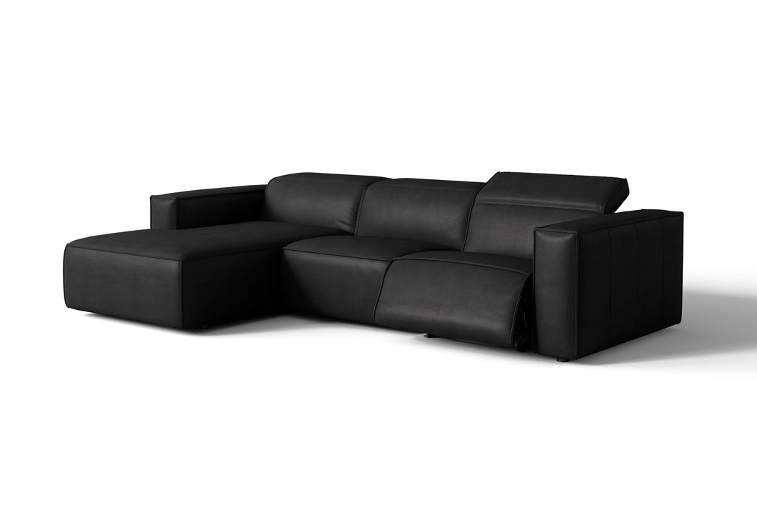 Valencia Emery Leather Sectional Sofa, Recliner Three Seats with Left Chaise, Black