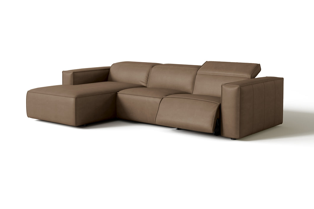 Valencia Emery Leather Sectional Sofa, Recliner Three Seats with Left Chaise, Brown