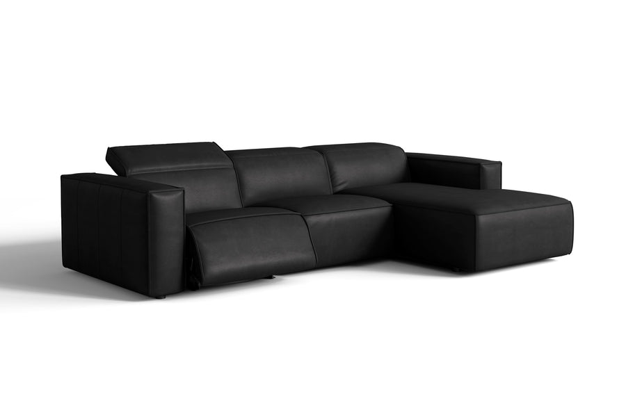 Valencia Emery Leather Sectional Sofa, Recliner Three Seats with Right Chaise, Black
