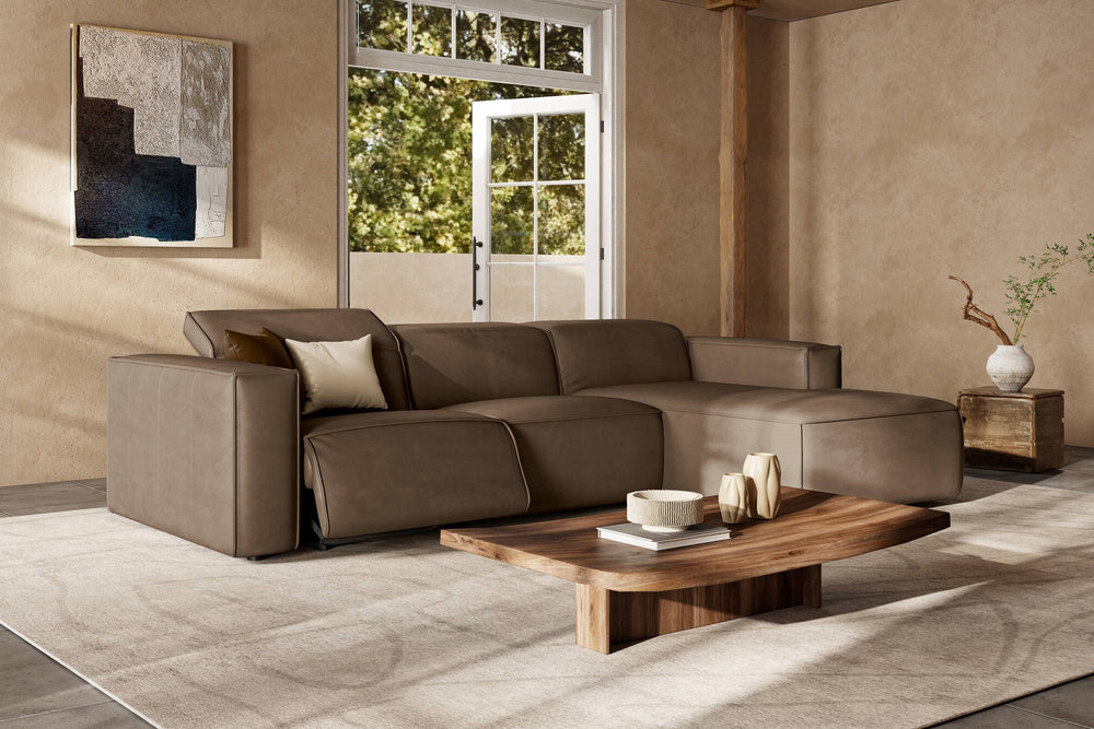 Valencia Emery Leather Sectional Sofa, Recliner Three Seats with Right Chaise, Brown