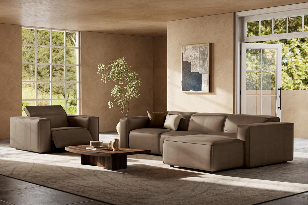 Valencia Emery Leather Sectional Sofa, Recliner Three Seats with Right Chaise, Brown