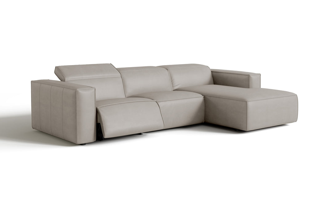 Valencia Emery Leather Sectional Sofa, Recliner Three Seats with Right Chaise, Light Grey
