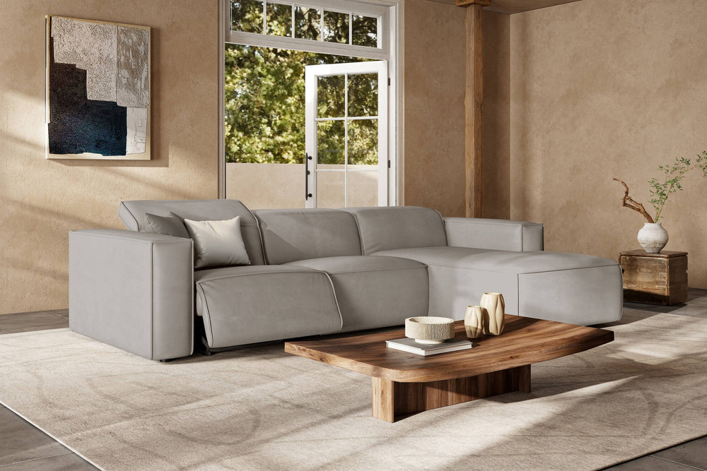 Valencia Emery Leather Sectional Sofa, Recliner Three Seats with Right Chaise, Light Grey