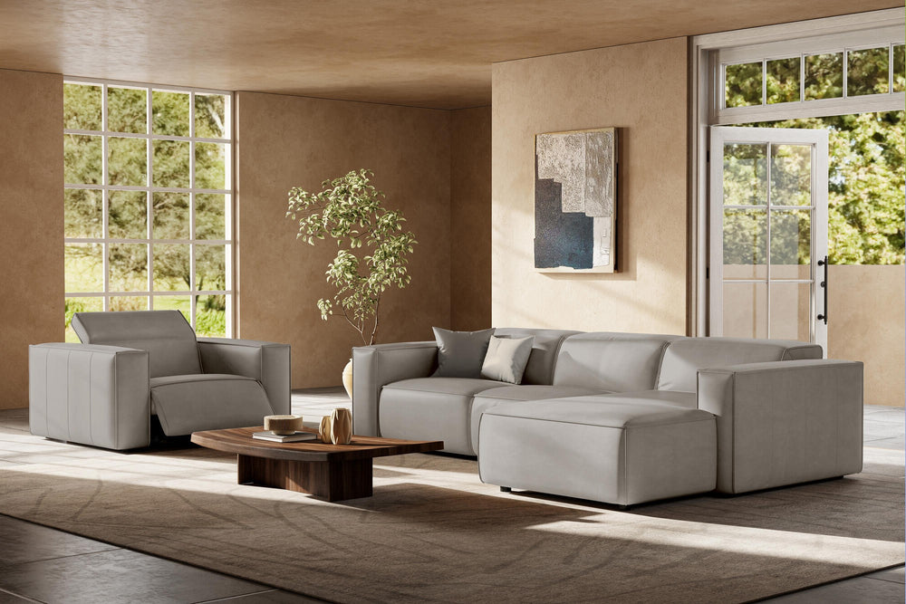 Valencia Emery Leather Sectional Sofa, Recliner Three Seats with Right Chaise, Light Grey