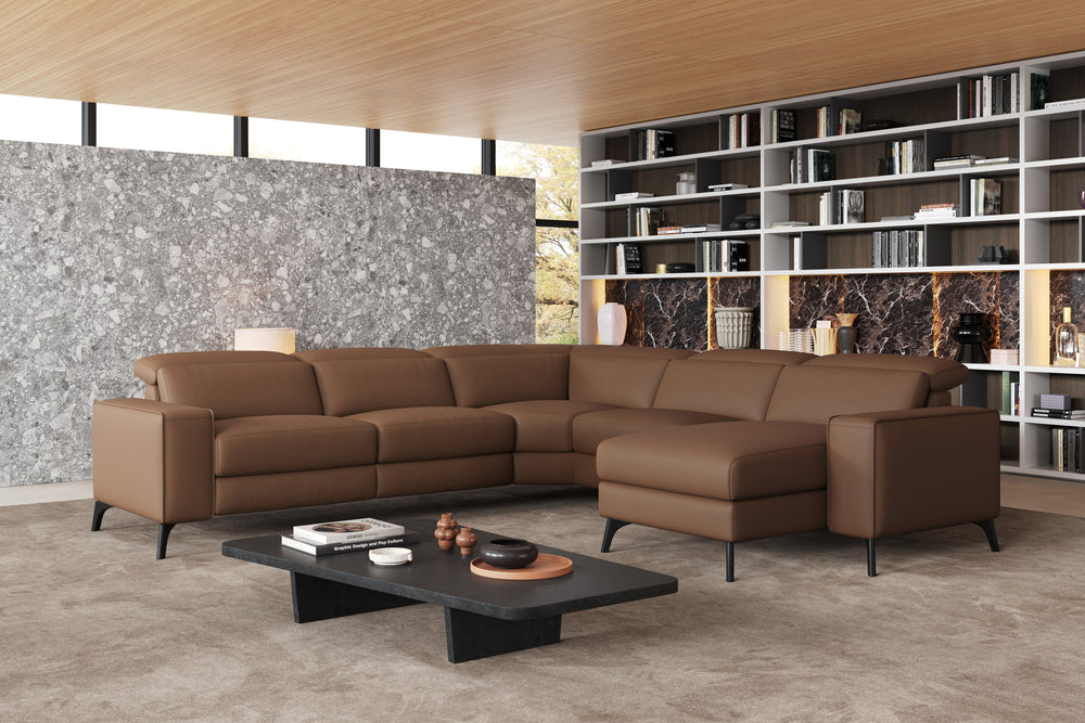 Valencia Esther Top Grain Leather Sofa, L-Shape with Right Chaise, Brown