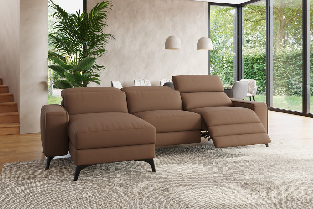 Valencia Esther Top Grain Leather Sofa, Three Seats with Left Chaise, Brown