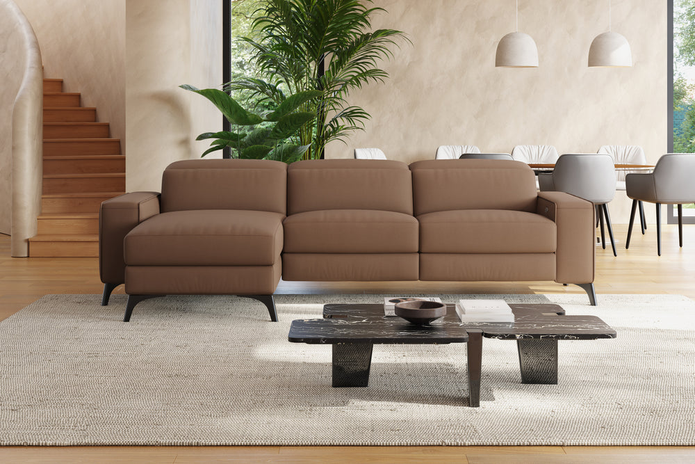 Valencia Esther Top Grain Leather Sofa, Three Seats with Left Chaise, Brown