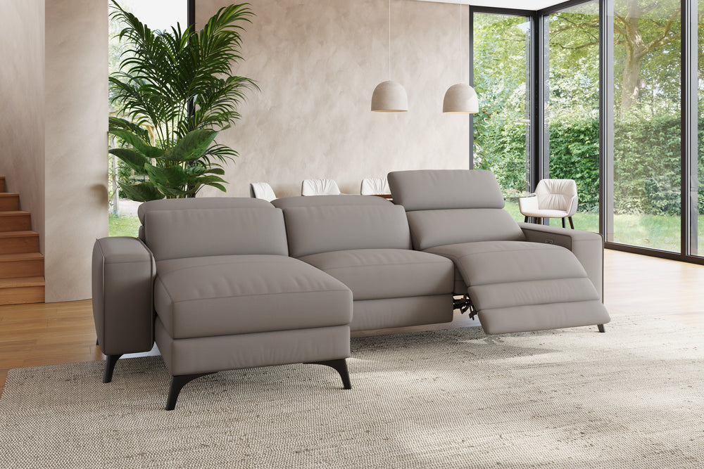 Valencia Esther Top Grain Leather Sofa, Three Seats with Left Chaise, Light Grey