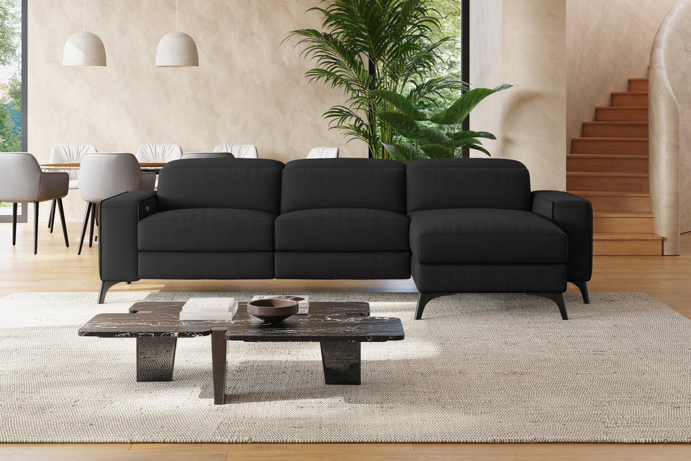 Valencia Esther Top Grain Leather Sofa, Three Seats with Right Chaise, Black