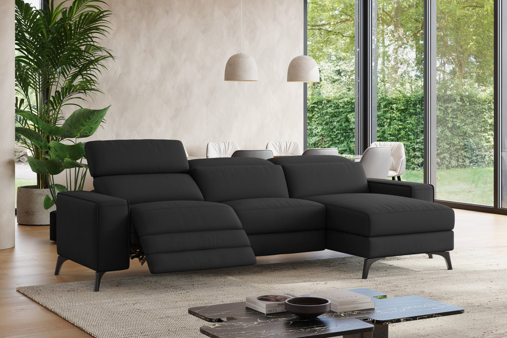 Valencia Esther Top Grain Leather Sofa, Three Seats with Right Chaise, Black