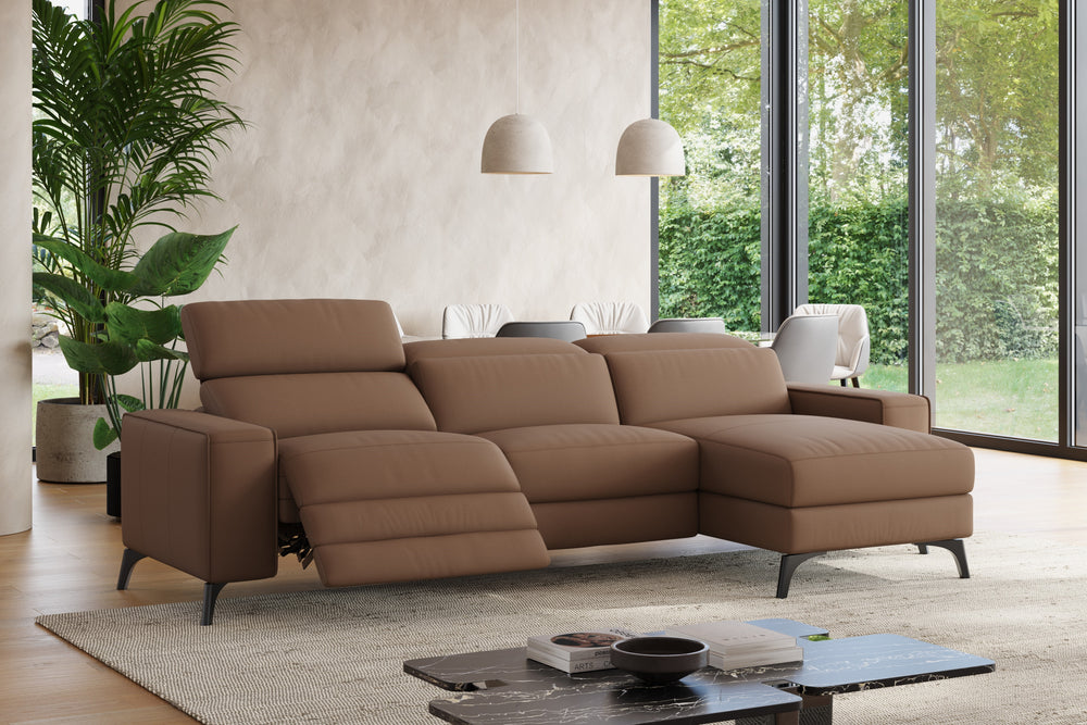 Valencia Esther Top Grain Leather Sofa, Three Seats with Right Chaise, Brown