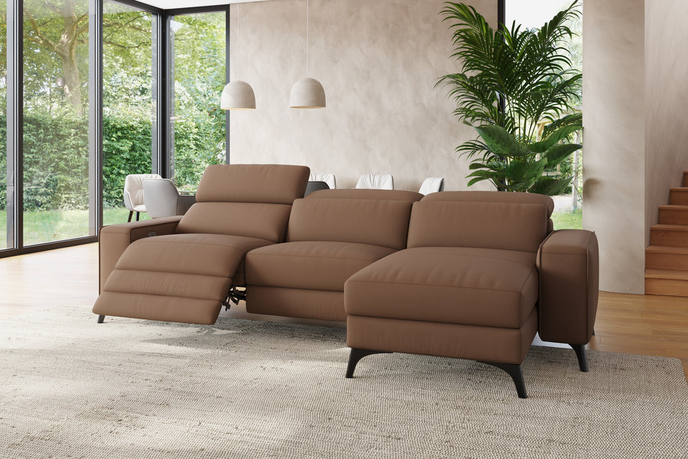 Valencia Esther Top Grain Leather Sofa, Three Seats with Right Chaise, Brown