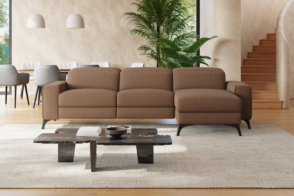 Valencia Esther Top Grain Leather Sofa, Three Seats with Right Chaise, Brown