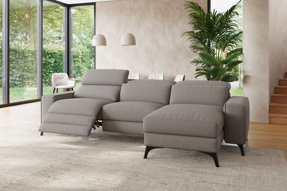 Valencia Esther Top Grain Leather Sofa, Three Seats with Right Chaise, Light Grey