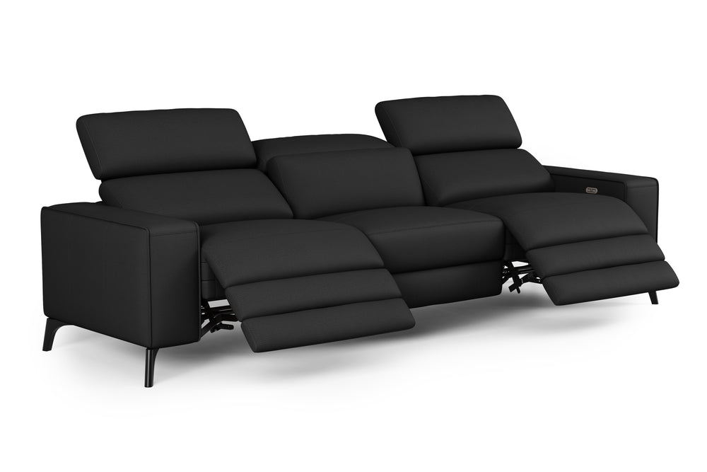 Valencia Esther Top Grain Leather Three Seats with Double Recliners Sofa, Black