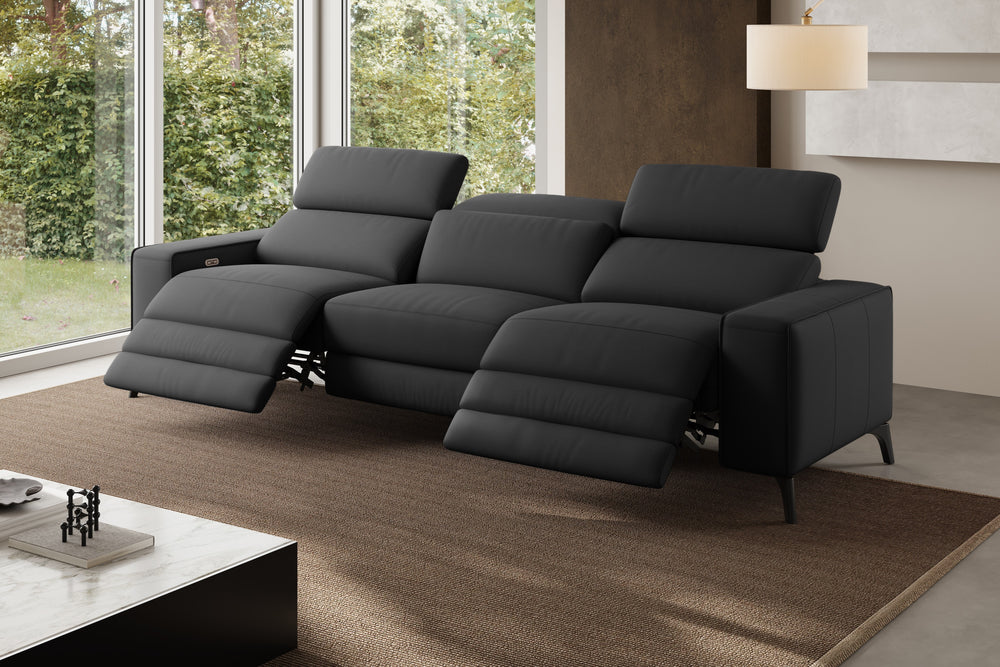 Valencia Esther Top Grain Leather Three Seats with Double Recliners Sofa, Black