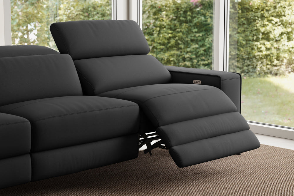 Valencia Esther Top Grain Leather Three Seats with Double Recliners Sofa, Black