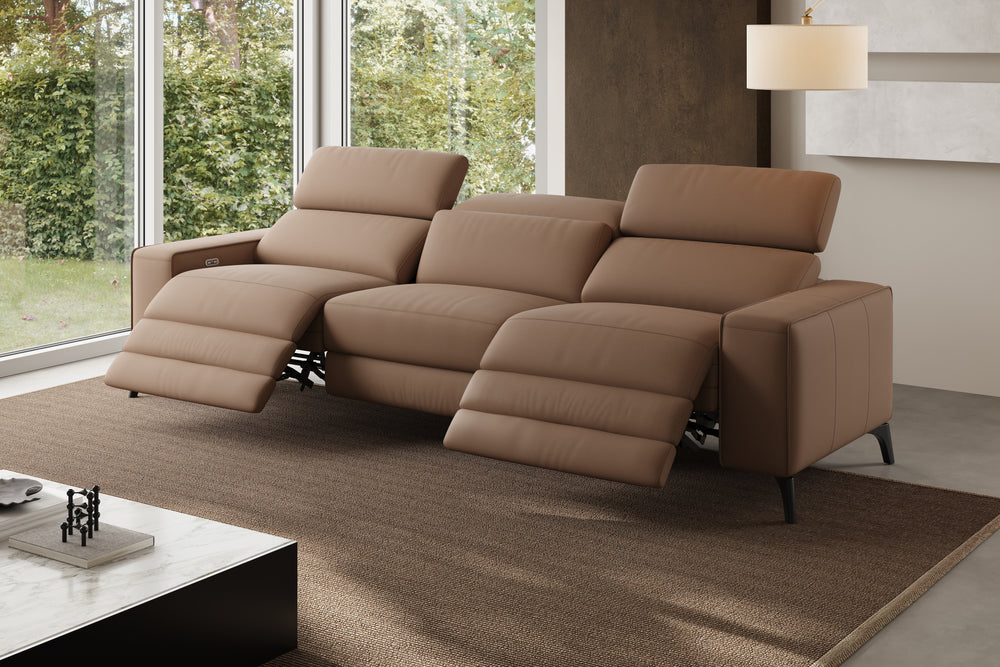 Valencia Esther Top Grain Leather Three Seats with Double Recliners Sofa, Brown