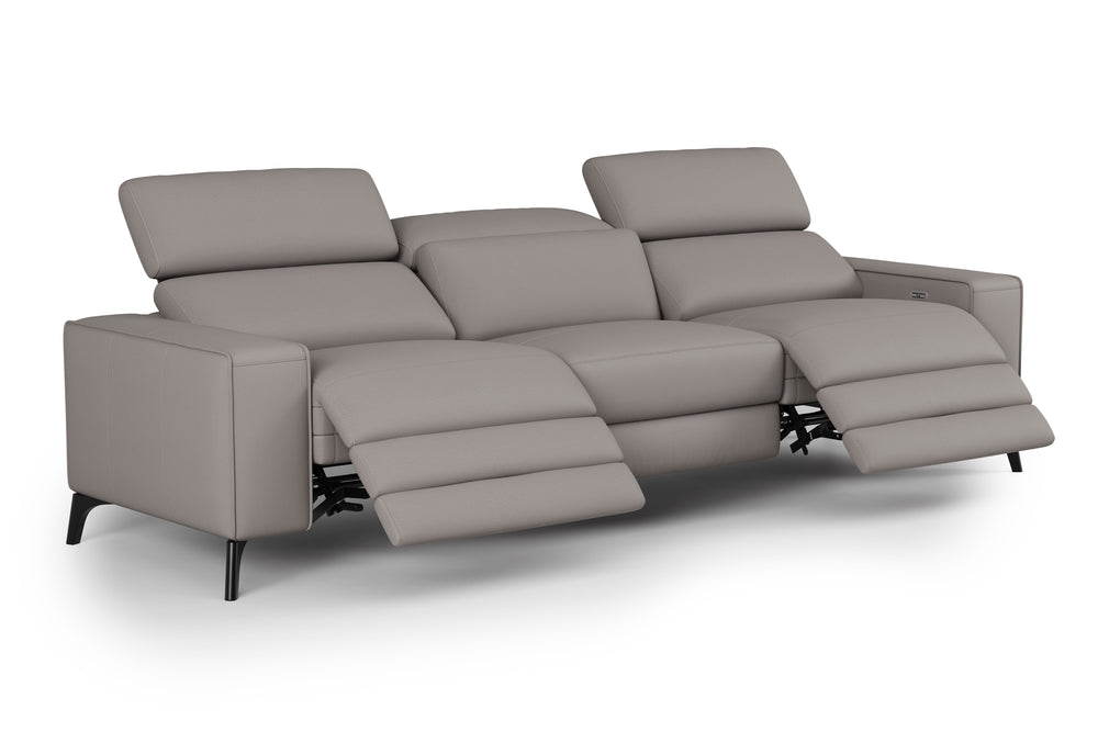 Valencia Esther Top Grain Leather Three Seats with Double Recliners Sofa, Light Grey