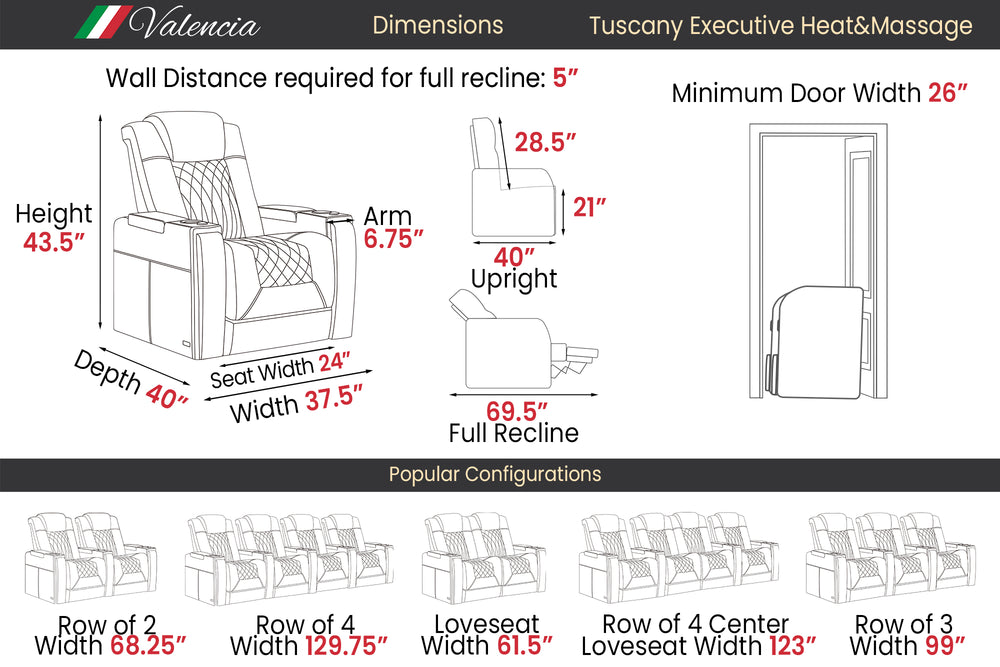Valencia 2025 New Tuscany Executive Heat & Massage Leather Home Theater Seating Row of 4 Loveseat Left, Midnight Black