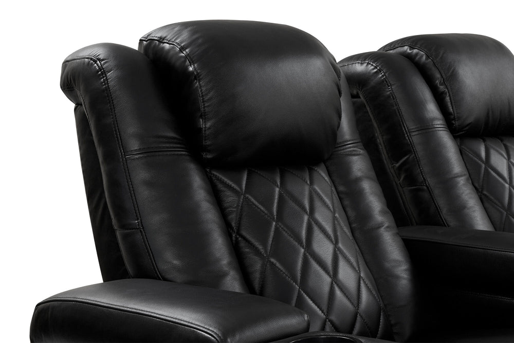 Valencia 2025 New Tuscany Console Leather Home Theater Seating Row of 3 Dropdown Center, Midnight Black