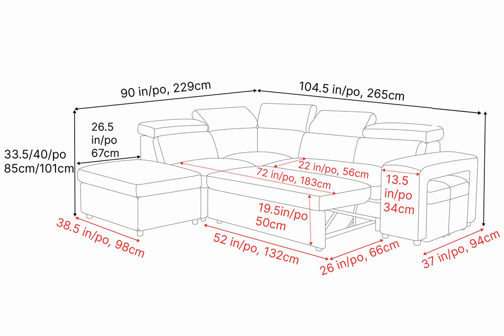 Valencia Finn Fabric Sectional Sofa Bed with Left Hand Storage, Dark Grey Color