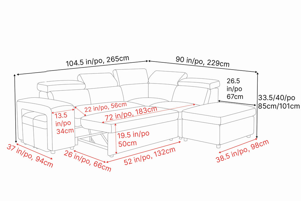 Valencia Finn Fabric Sectional Sofa Bed with Right Hand Storage, Light Grey Color