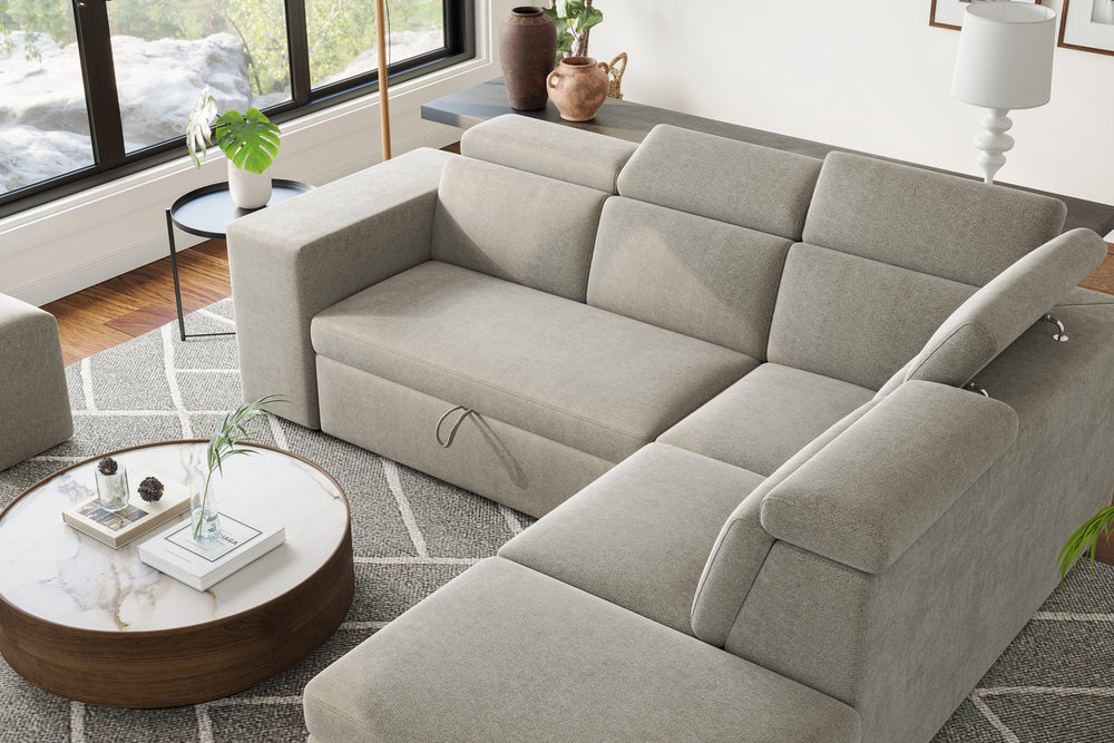 Valencia Finn Fabric Sectional Sofa Bed with Right Hand Storage, Light Grey Color