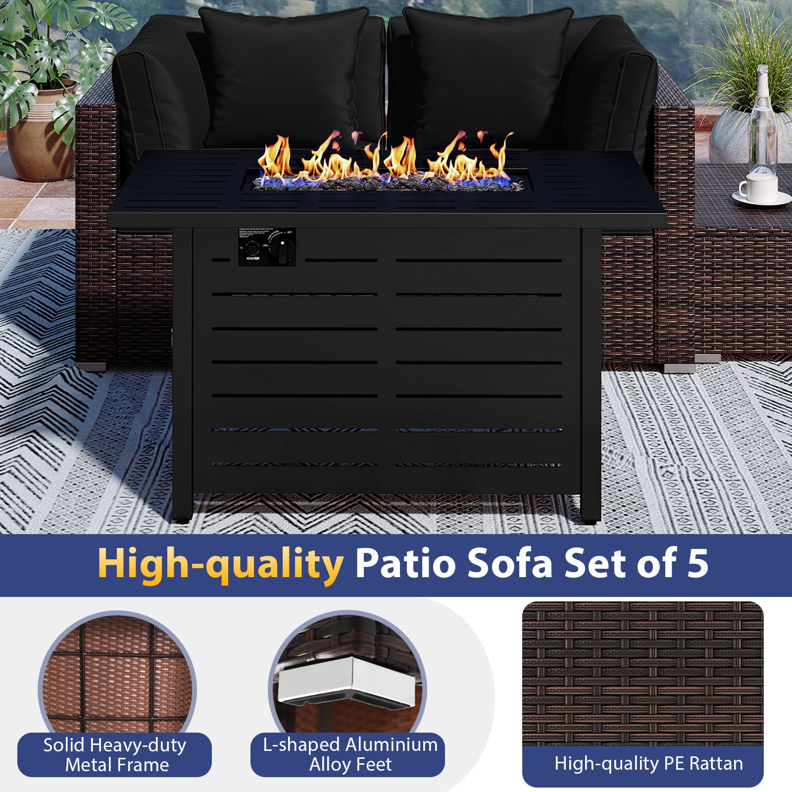 Heavy-duty Frame Rattan Sofa Set with 60000 BTU Firepit Table