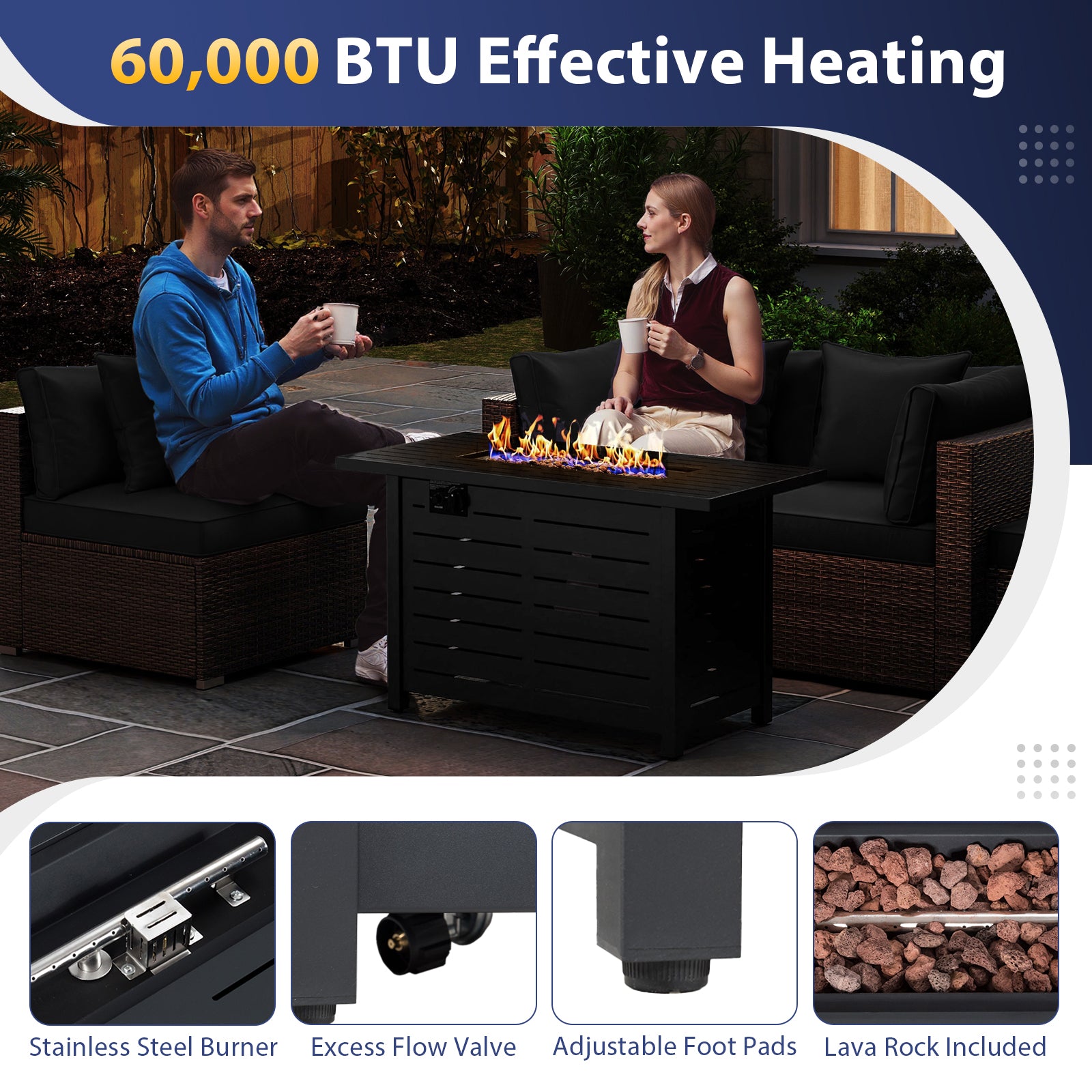 Heavy-duty Frame Rattan Sofa Set with 60000 BTU Firepit Table