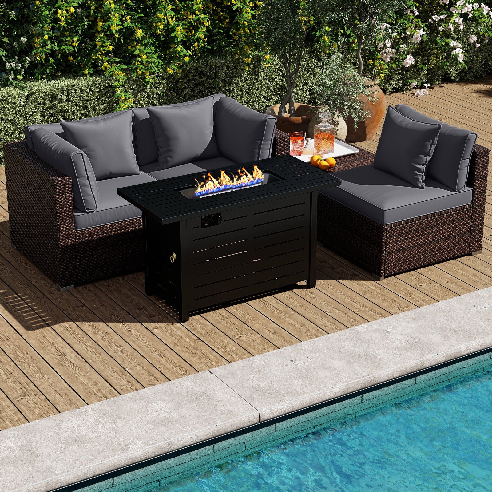 Heavy-duty Frame Rattan Sofa Set with 60000 BTU Firepit Table