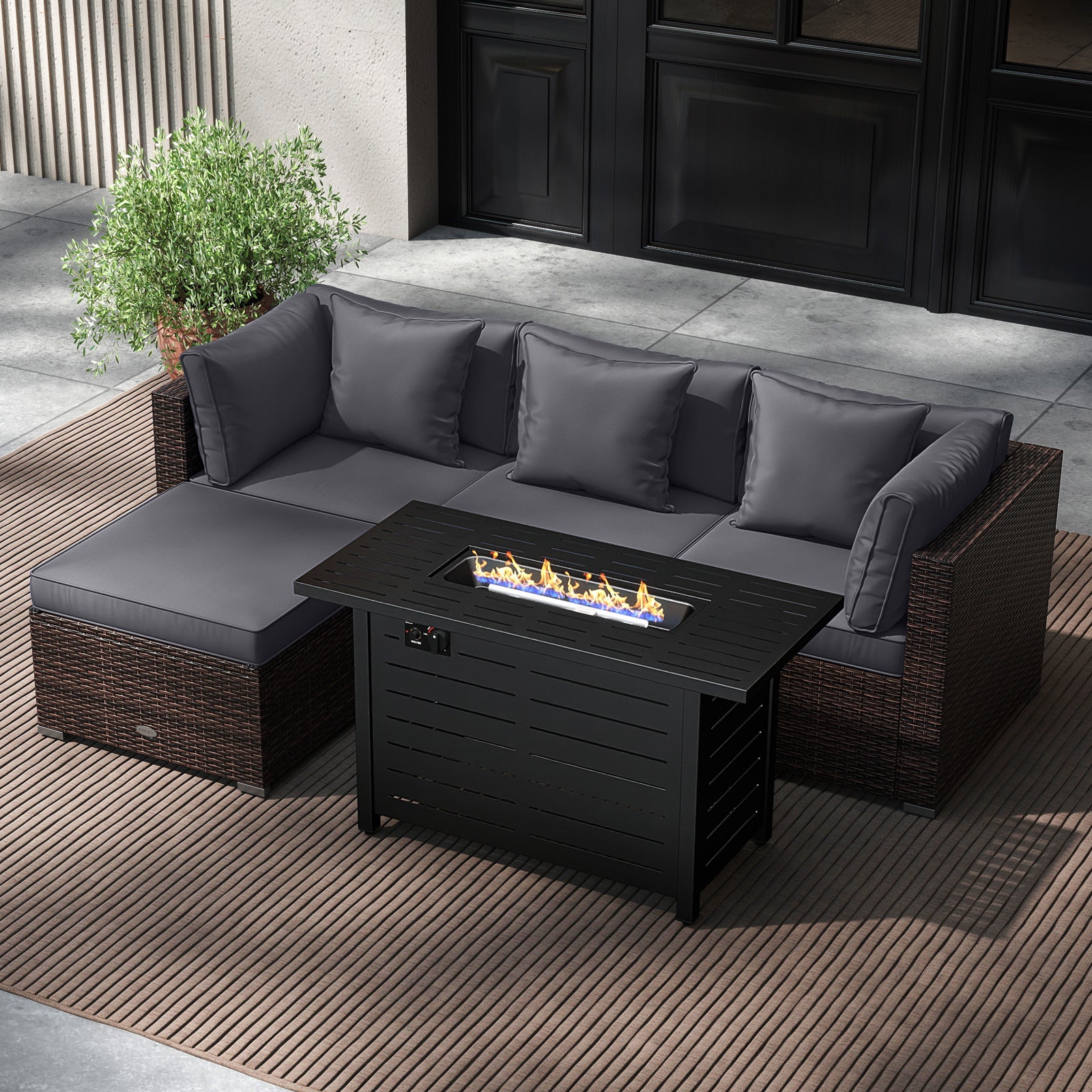 Heavy-duty Frame Rattan Sofa Set with 60000 BTU Firepit Table