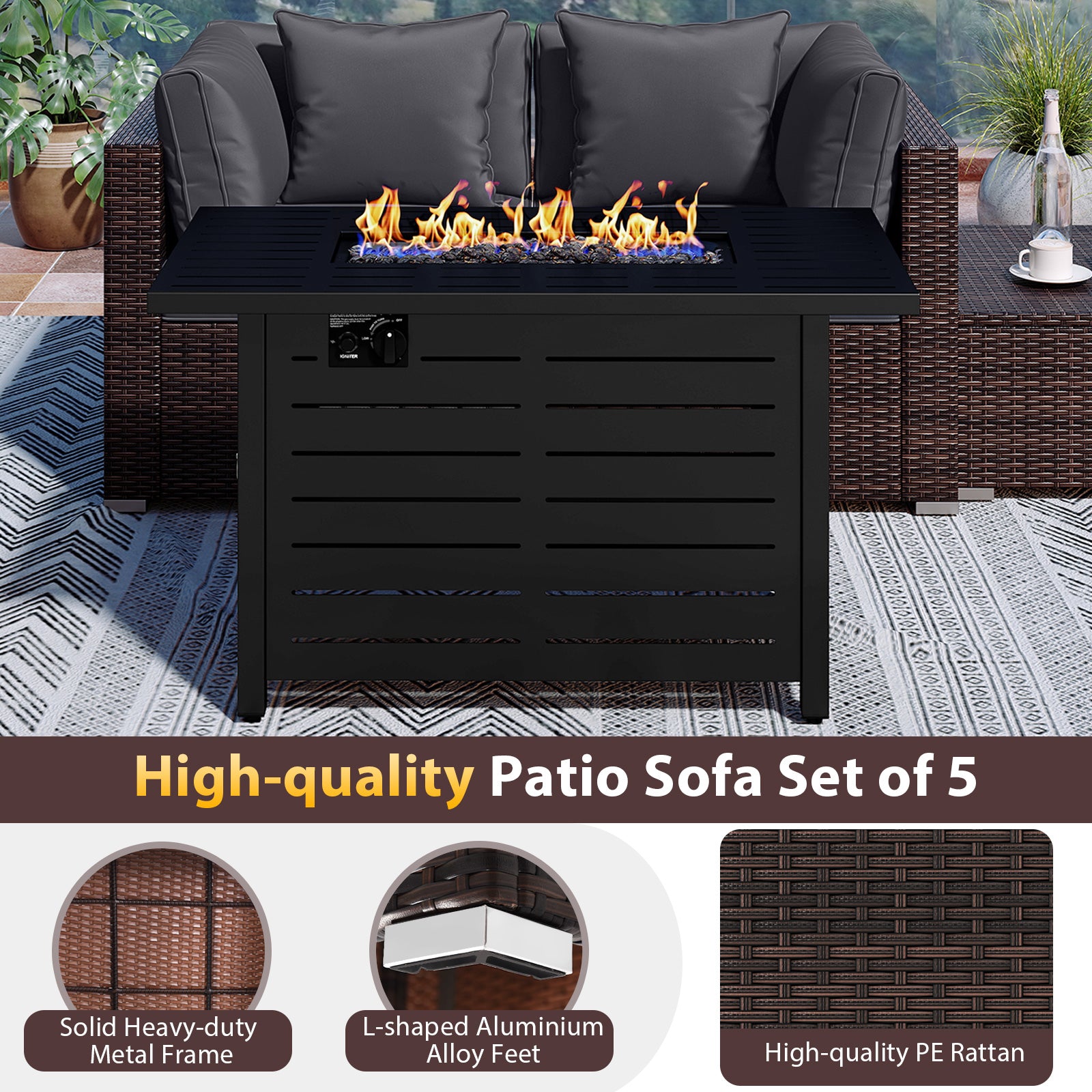 Heavy-duty Frame Rattan Sofa Set with 60000 BTU Firepit Table