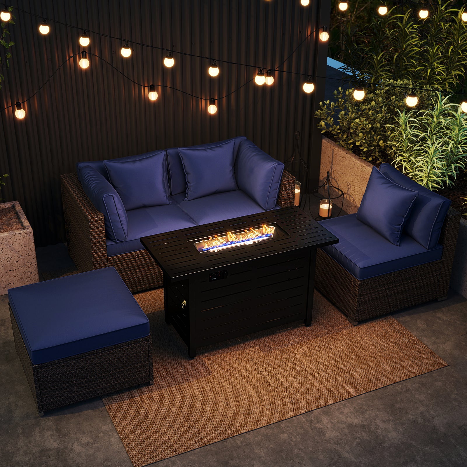 Heavy-duty Frame Rattan Sofa Set with 60000 BTU Firepit Table